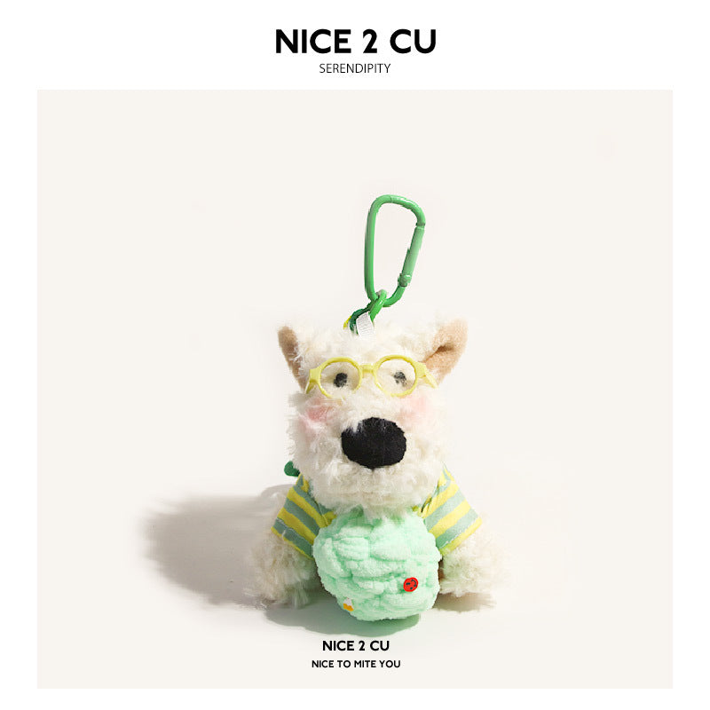 White Westie plush keychain with yellow glasses and green-yellow striped shirt holding mint green ice cream, green carabiner 