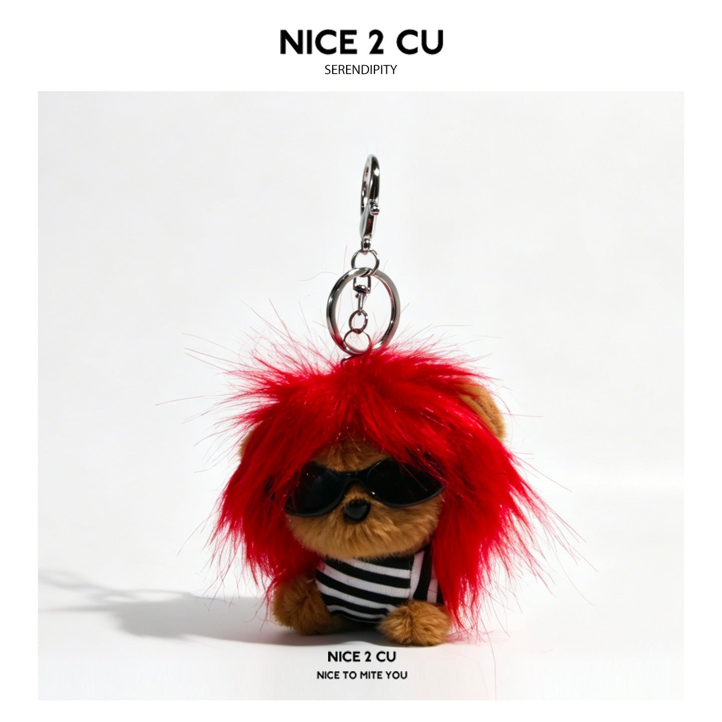 Sha Ma Te plush dog keychain with red shaggy hair, black sunglasses, and striped outfit on metal clip