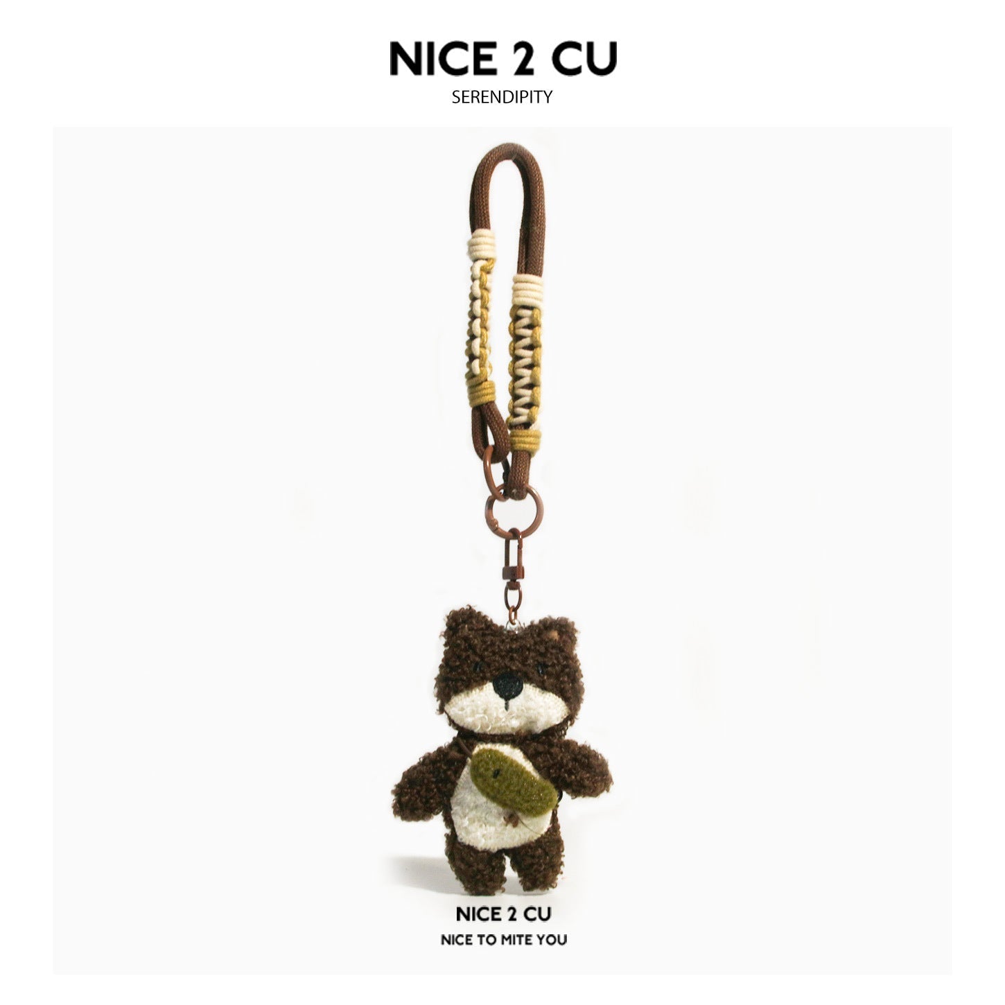 Curly bouclé dark brown plush bear charm holding a small green accent, attached to a braided cream and olive cord keychain st