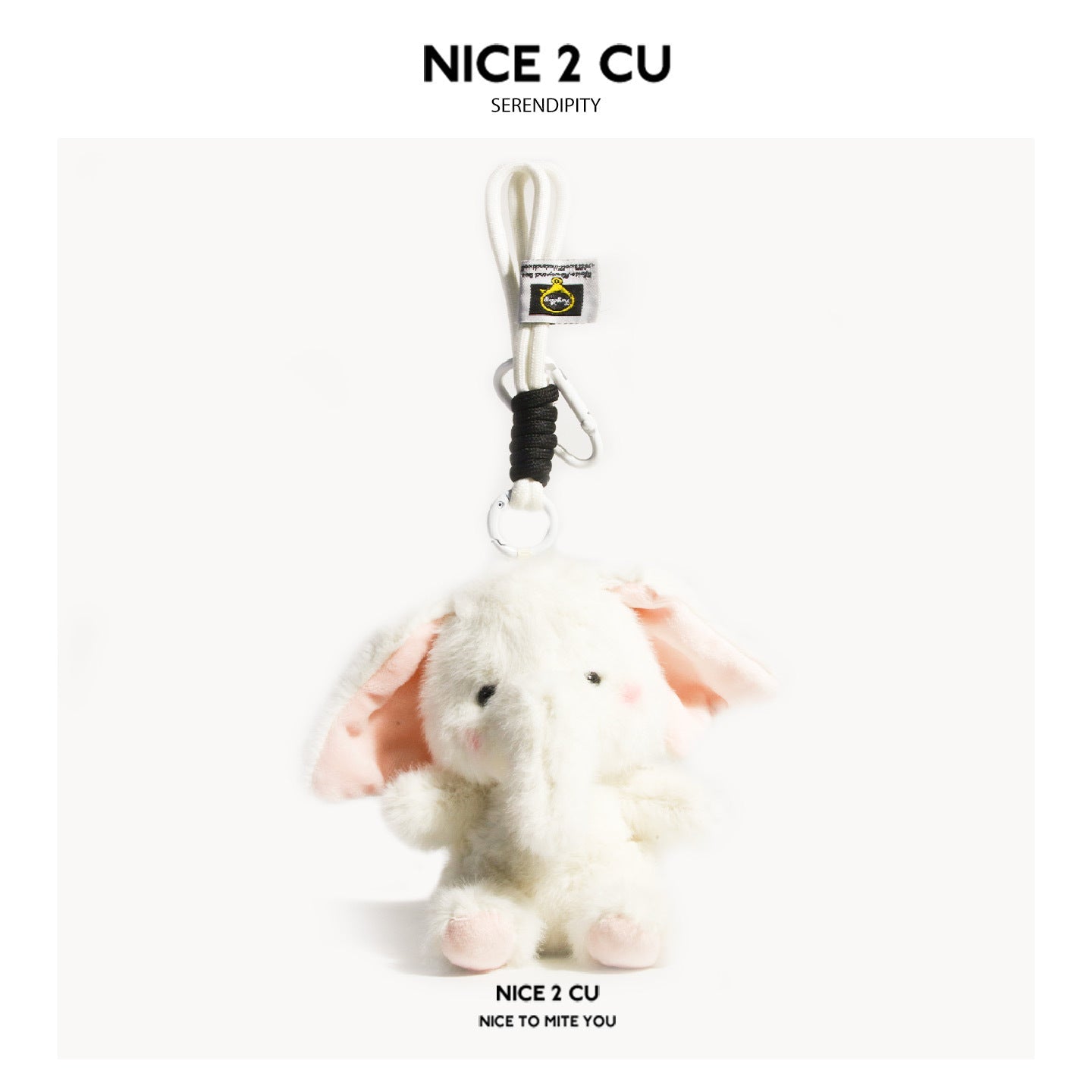 White cartoon elephant plush keychain charm with pink inner ears and hanging clip
