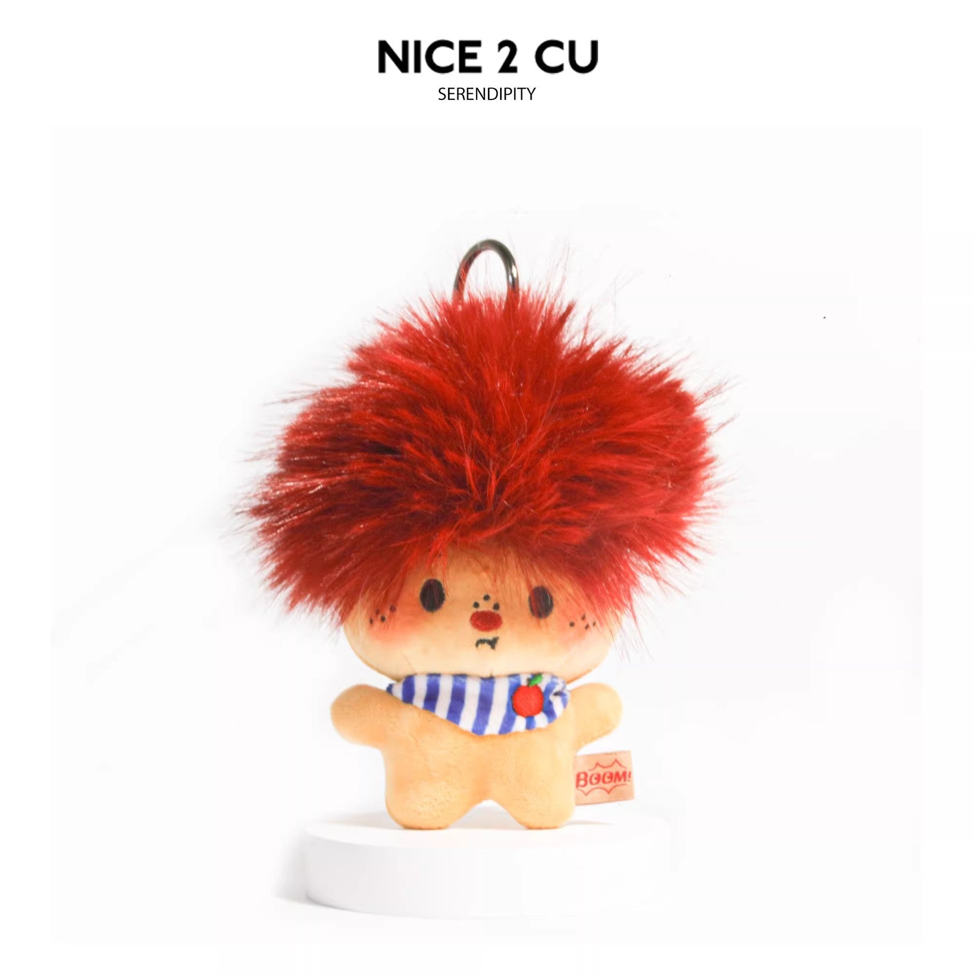 Burgundy fluffy afro plush charm with blue-and-white striped scarf on white background