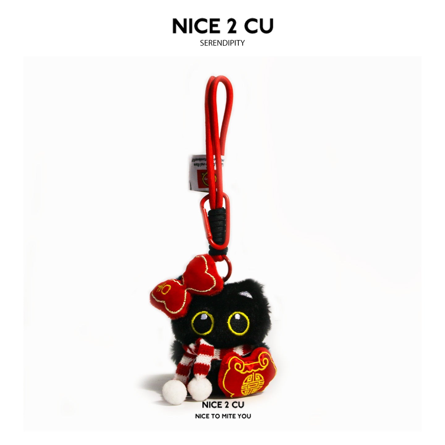Black cat plush charm with red bow, striped scarf, and gold-embroidered red pouch – Peace Lock variant