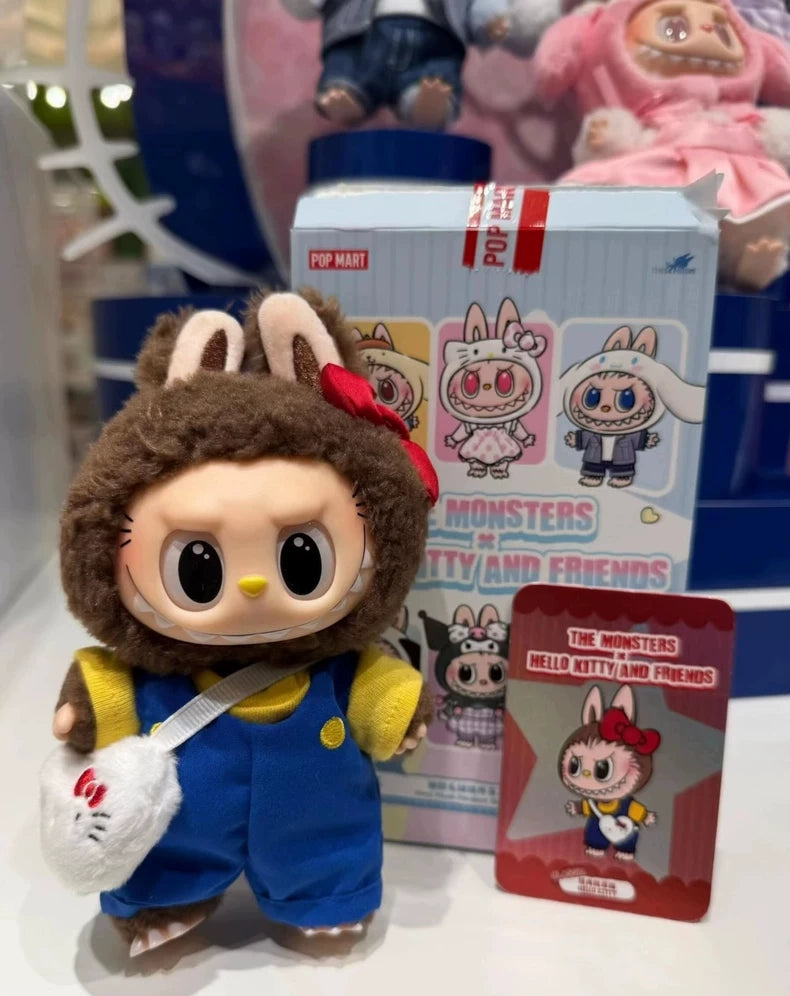 The POP MART LABUBU Hello Kitty and Friends Series Secret Edition Plush Pendant Figure features LABUBU in a bunny costume with a Hello Kitty purse, displayed with its box and character card, both showing matching Hello Kitty-themed artwork.
