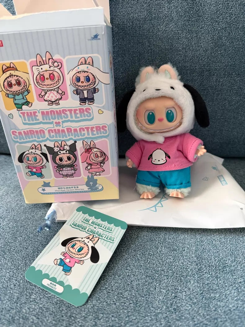 The POP MART LABUBU Hello Kitty and Friends Series Pochacco Plush Pendant Figure comes with a themed box and ID card, making it a must-have Sanrio collectible for fans of kawaii The Monsters x Sanrio Characters series.