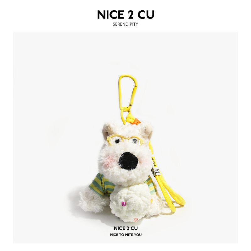 White Westie plush keychain wearing yellow glasses and green striped shirt holding yellow ice cream, yellow carabiner clip