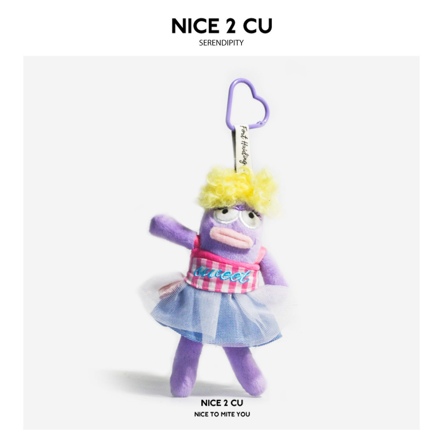 Serendipity plush character keychain wearing pink-and-blue checkered top with light blue tulle skirt and purple heart clip