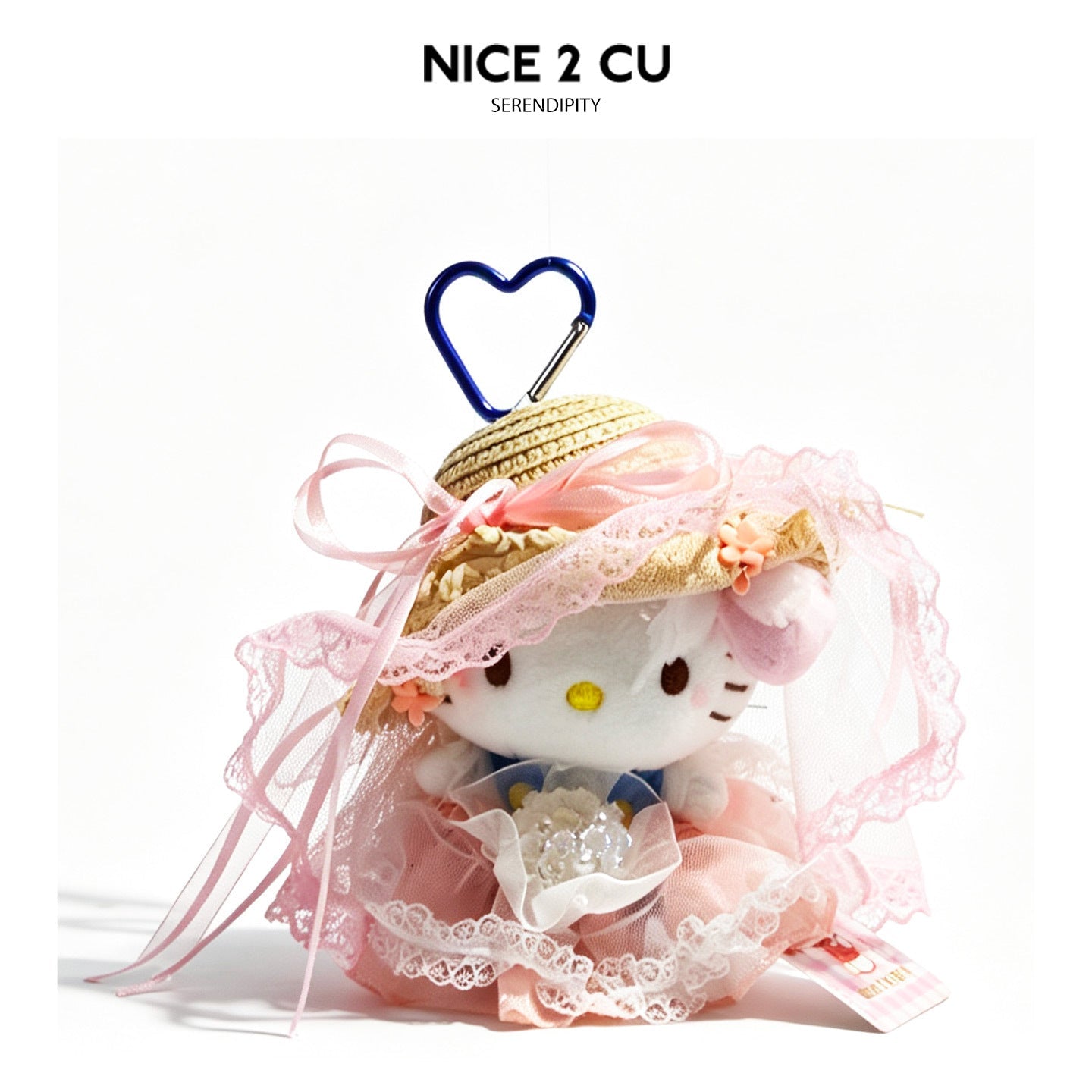 Plush cat figure in pink lace veil bridal outfit with straw hat and heart carabiner clip