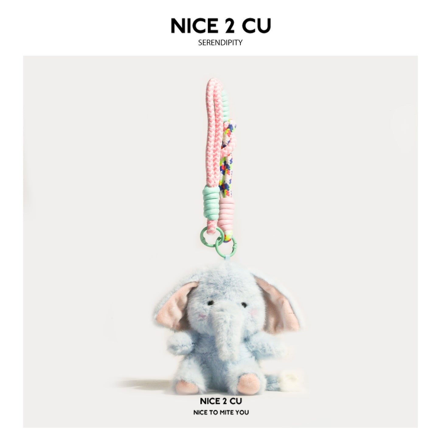 Light blue plush elephant charm without bib hanging from a pastel multicolor braided wrist strap