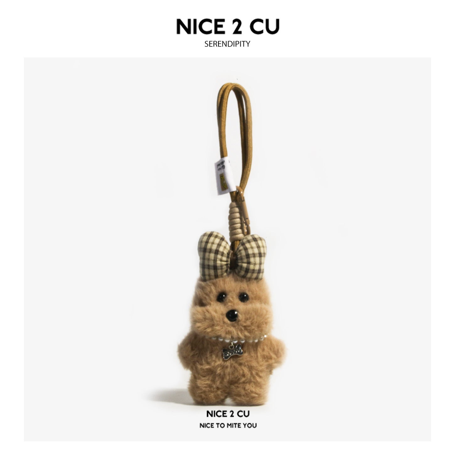 Brown fluffy plush dog bag charm with gingham bow, pearl bead necklace, and bone pendant on braided cord loop