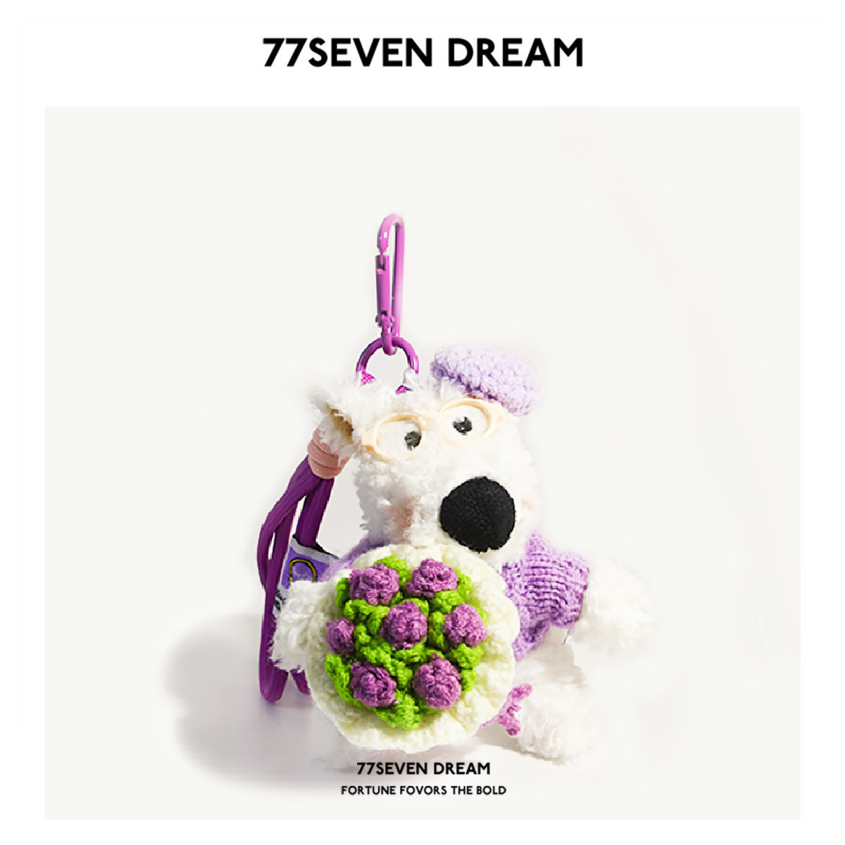 White Westie plush keychain with purple glasses, purple accessories, and a purple-and-green knitted bouquet