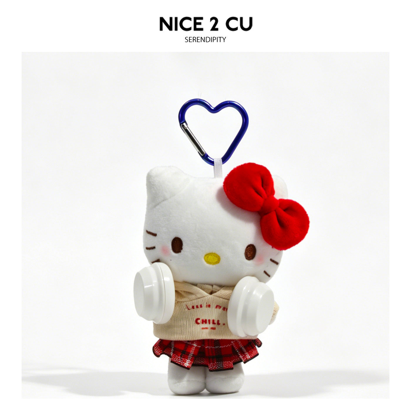 Cartoon cat plush keychain in beige cap, gray top, and red plaid skirt holding racket and shuttlecock charms
