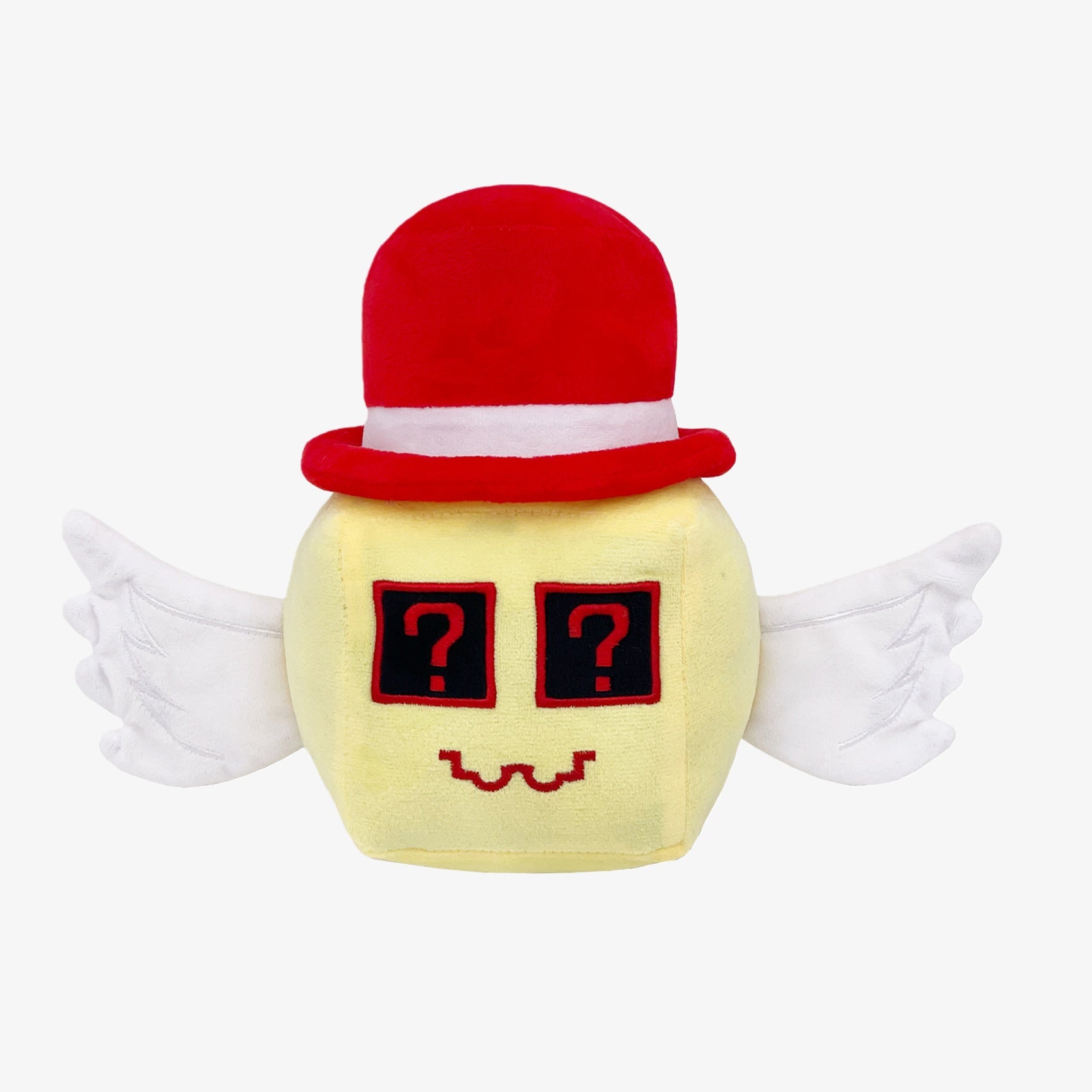 The Steal a Brainrot Inspired Mystery Angel Cube Plush Toy features yellow square design, white wings, red hat with white band, and question mark eyes—making it the perfect 7.9-inch collectible plush for any fan.