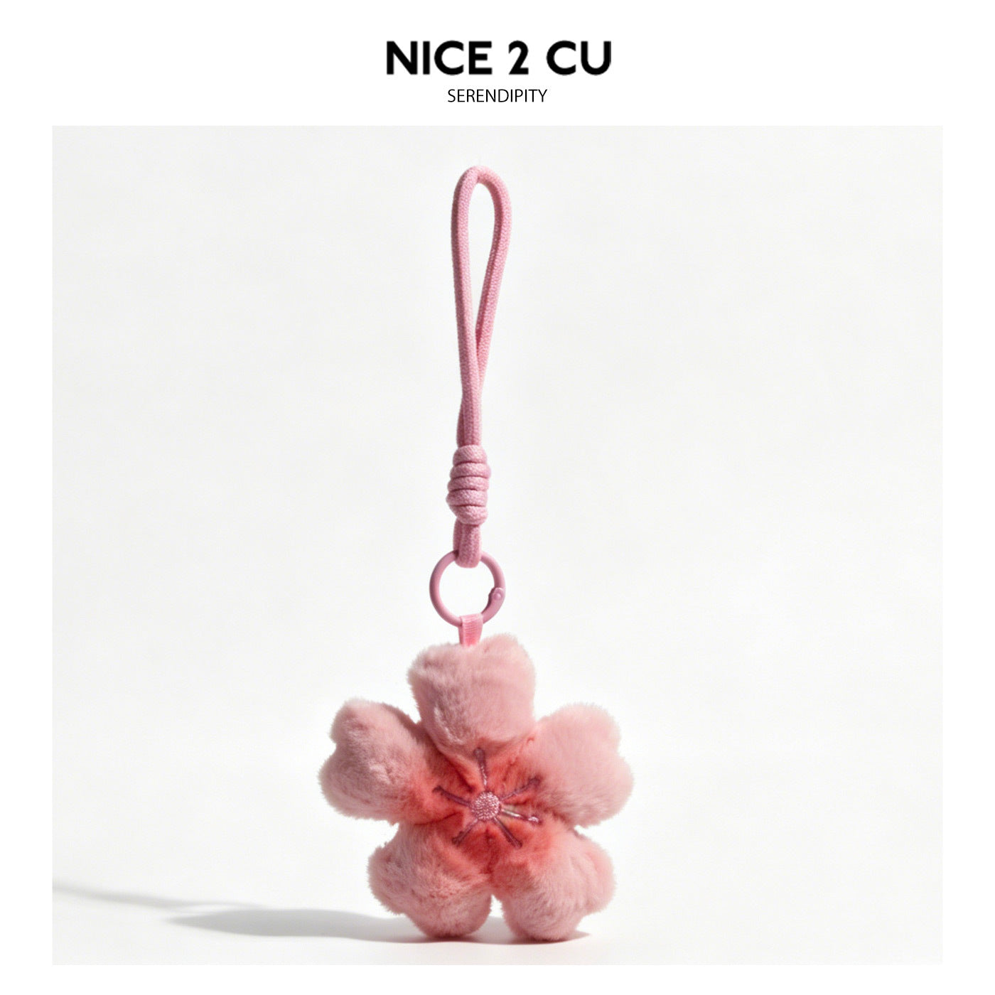 Fluffy pink sakura cherry blossom plush charm with braided cord loop and metal split ring
