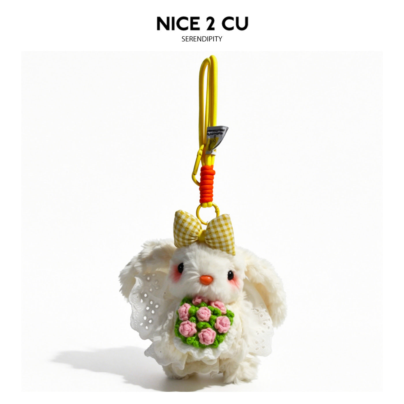 White bunny plush charm with yellow gingham bow, yellow loop cord, and pink-and-green bouquet