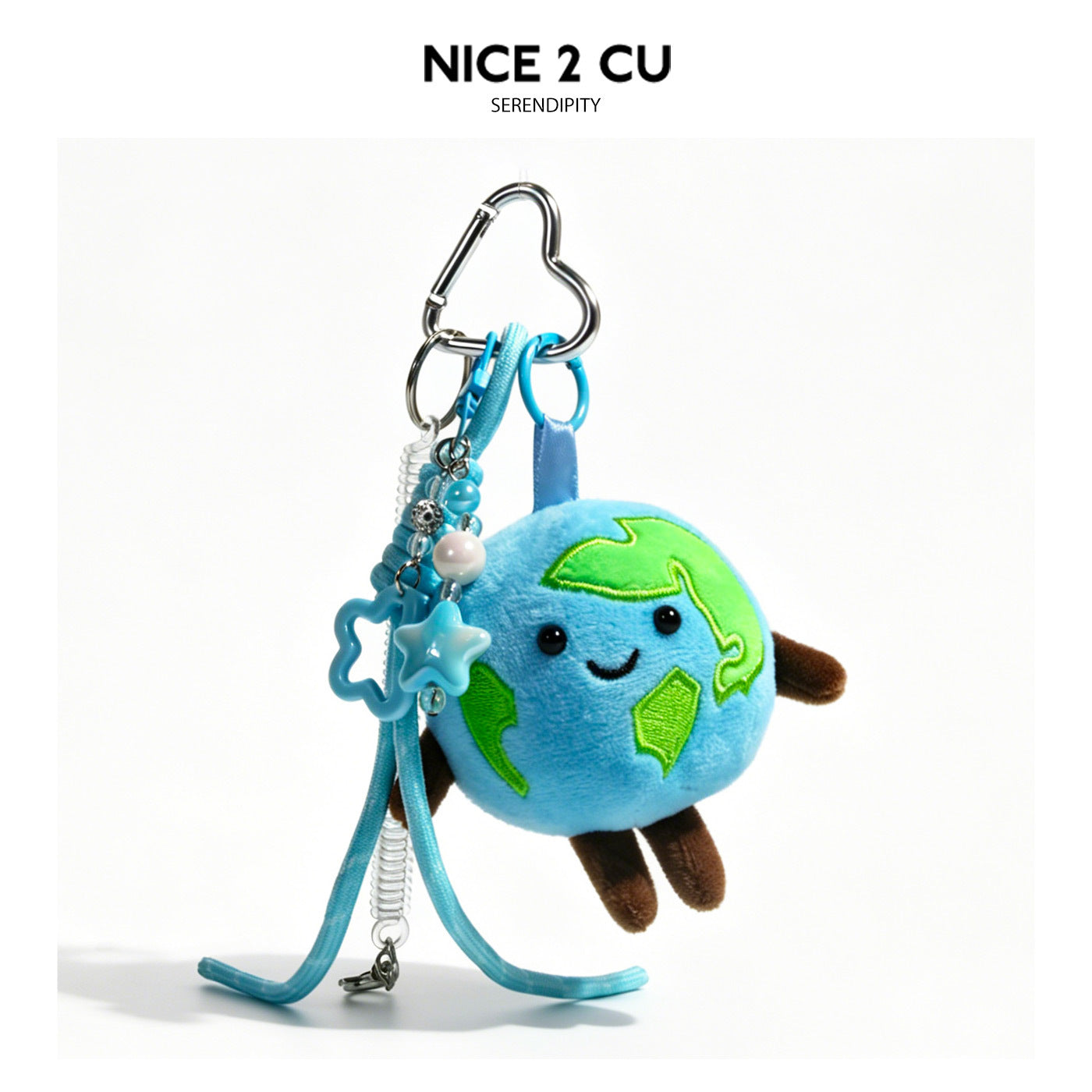Light blue plush Earth globe ornament with blue star charm and layered hanging cord decorations