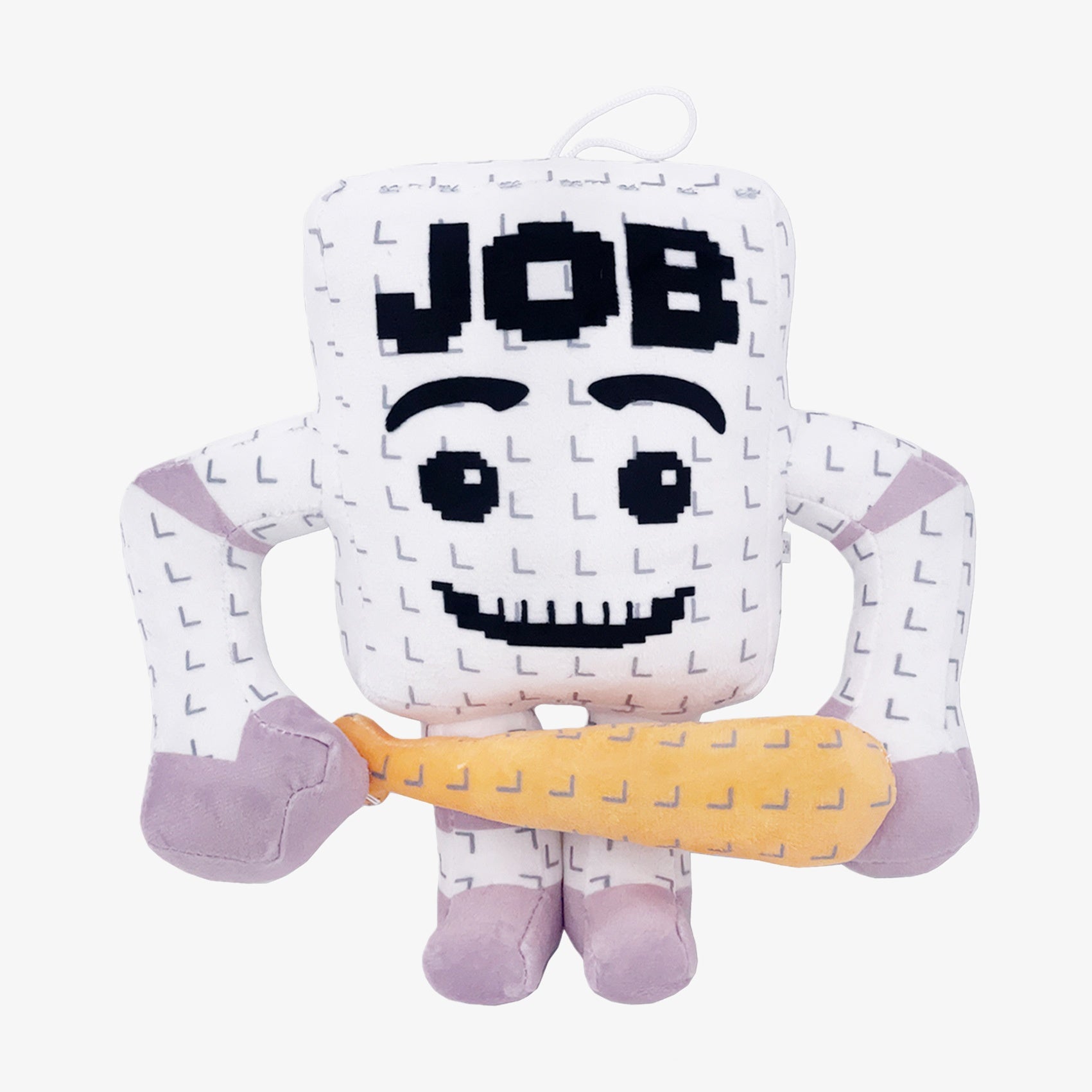 The Steal a Brainrot “JOB” Character Plush Toy is an 8.7-inch collectible with a pixel face, JOB on its head, patterned body, and yellow bat accessory—perfect for fans of unique square humanoid plush designs.
