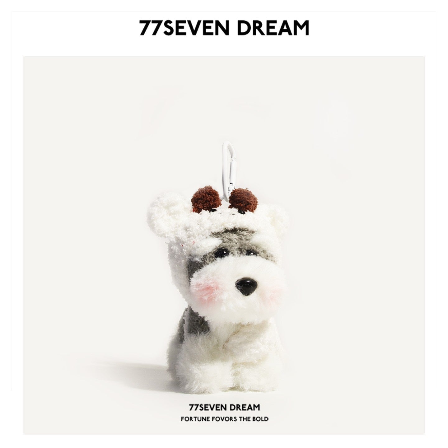 Schnauzer plush keychain wearing a white sheep-themed hood with brown ear patches