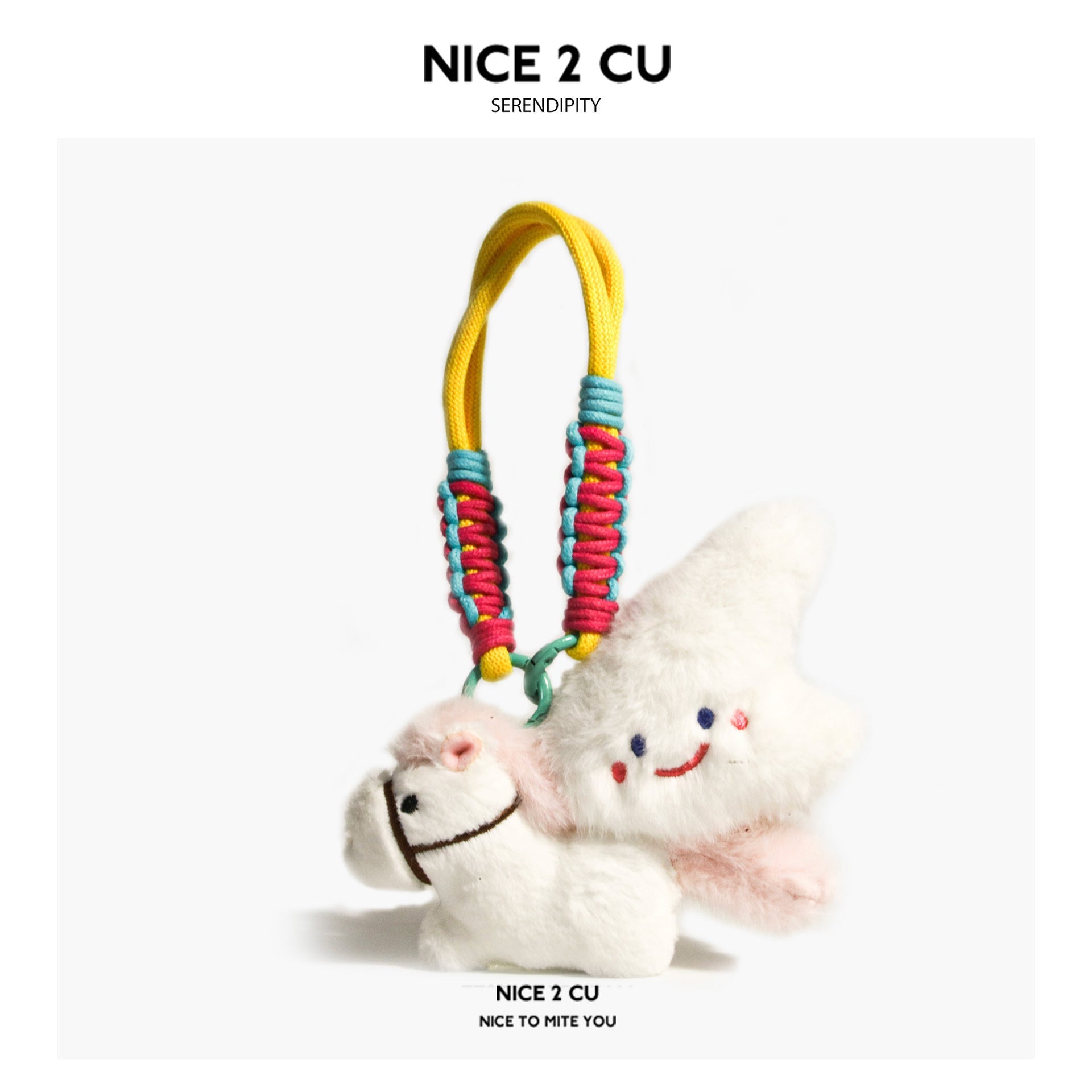 White plush horse hanging ornament with yellow loop and multicolor pastel cord wrapping