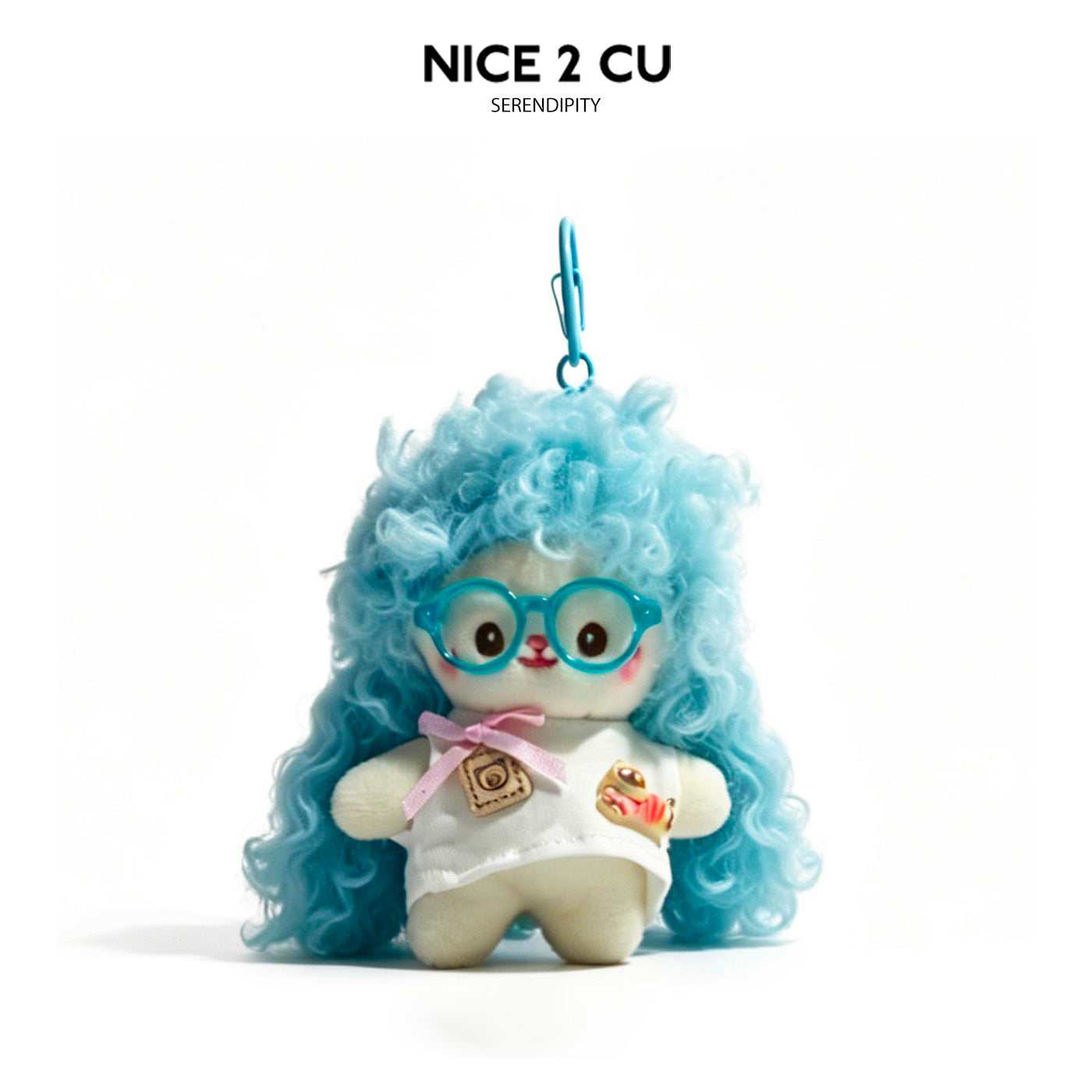 Blue curly-haired kawaii bunny plush keychain charm with blue glasses and white top with pink ribbon