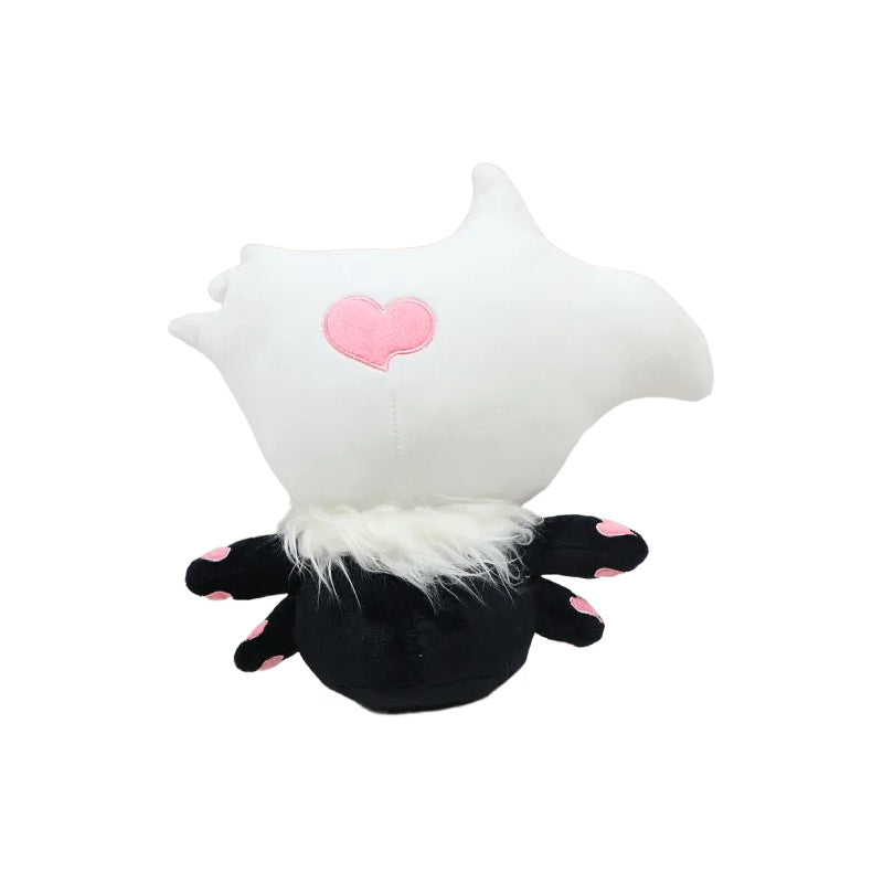 The ZoDoll Cute Angel Dust Plushie from Hazbin Hotel features a white upper body with a pink heart, black lower body, and pink accents—shown on a white background. A perfect kawaii fan collectible toy and animation gift!.