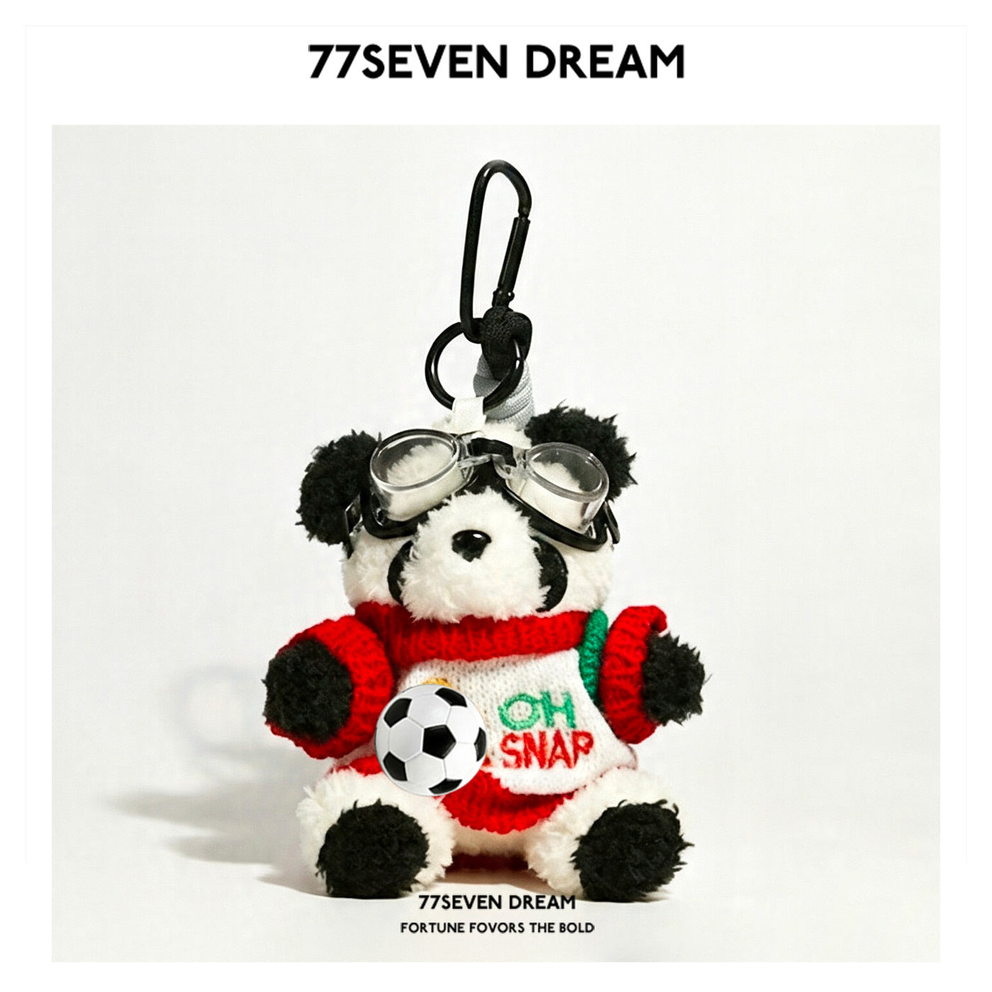 Panda plush keychain in a red-and-white festive knit sweater printed with OH SNAP text, holding soccer ball