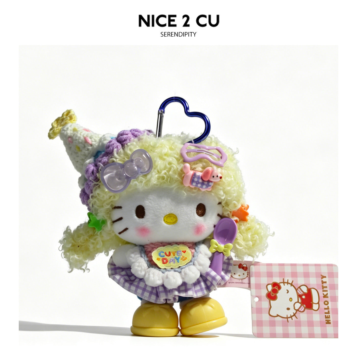 Hello Kitty plush bag charm with yellow curly hair, purple gingham skirt, Cute Days patch, and blue heart carabiner clip
