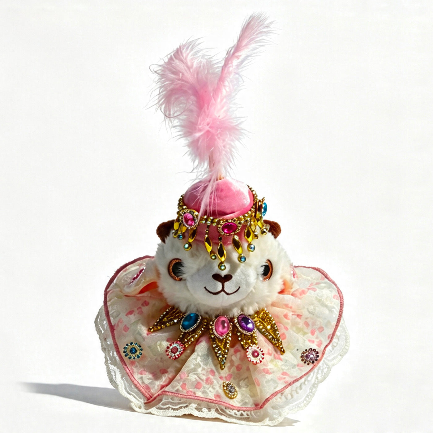Plush lamb figurine in layered pink-and-white lolita-style dress with tall pink hat and gold centerpiece