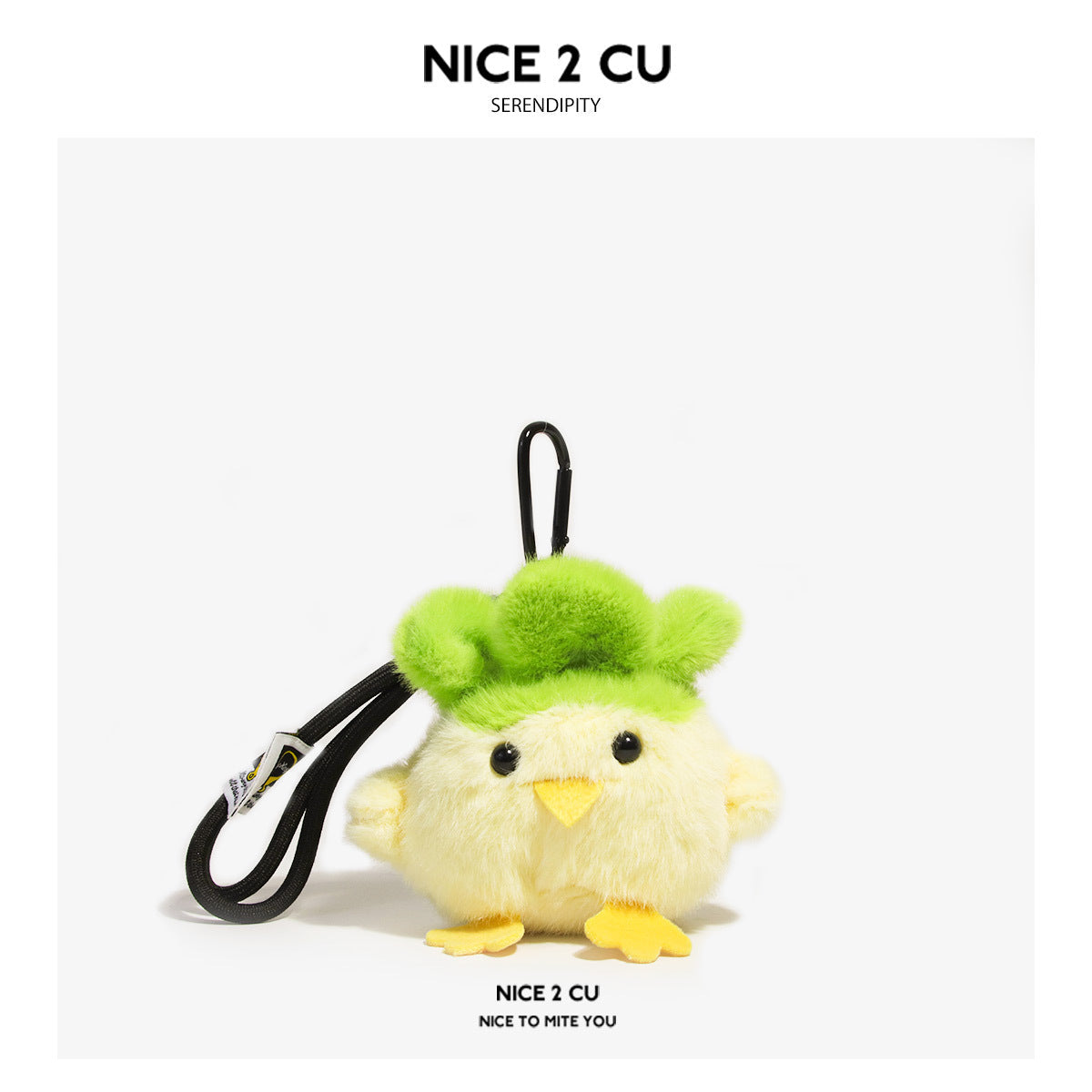 Yellow fluffy plush chick keychain charm with green hat and black cord clip attachment