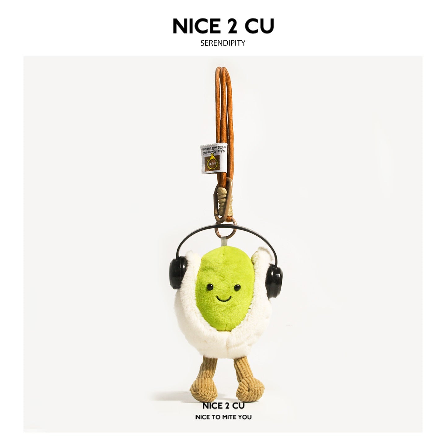 Kawaii food character plush charm with black headphones and carabiner clip