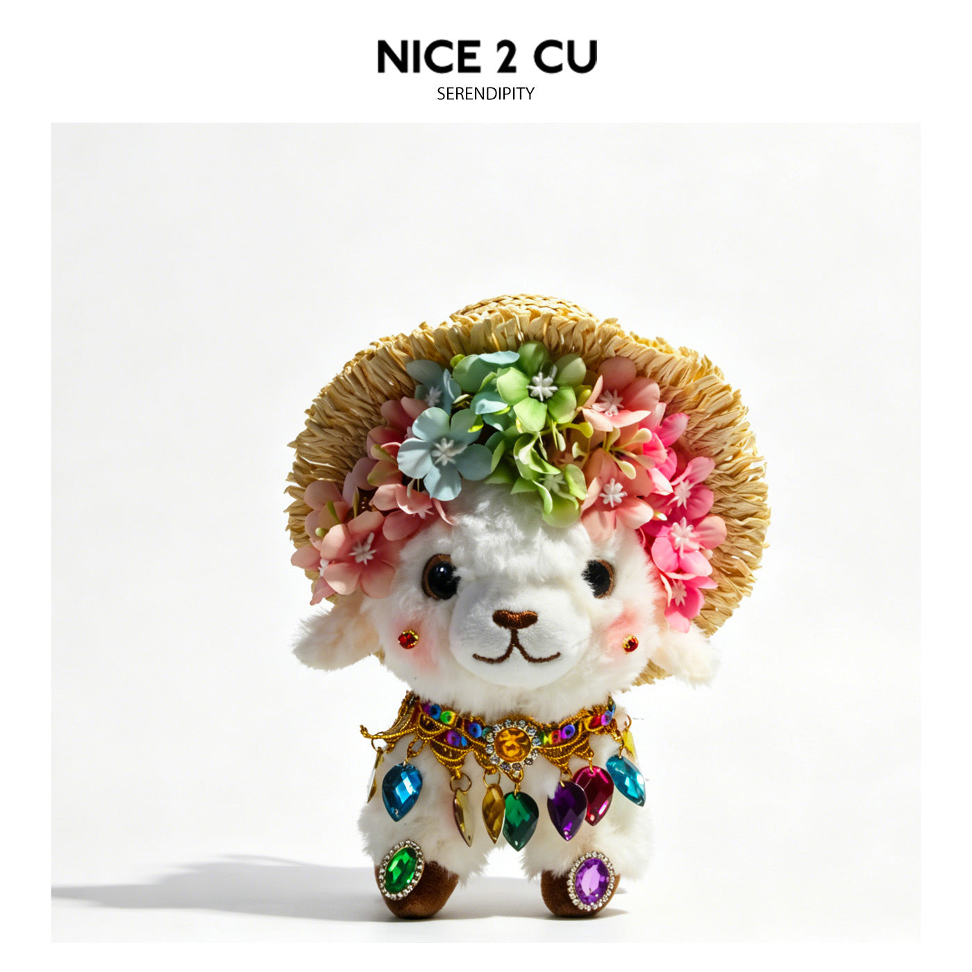 Plush lamb figurine wearing a flower-covered straw-style wide-brim hat and a multicolored jeweled collar necklace