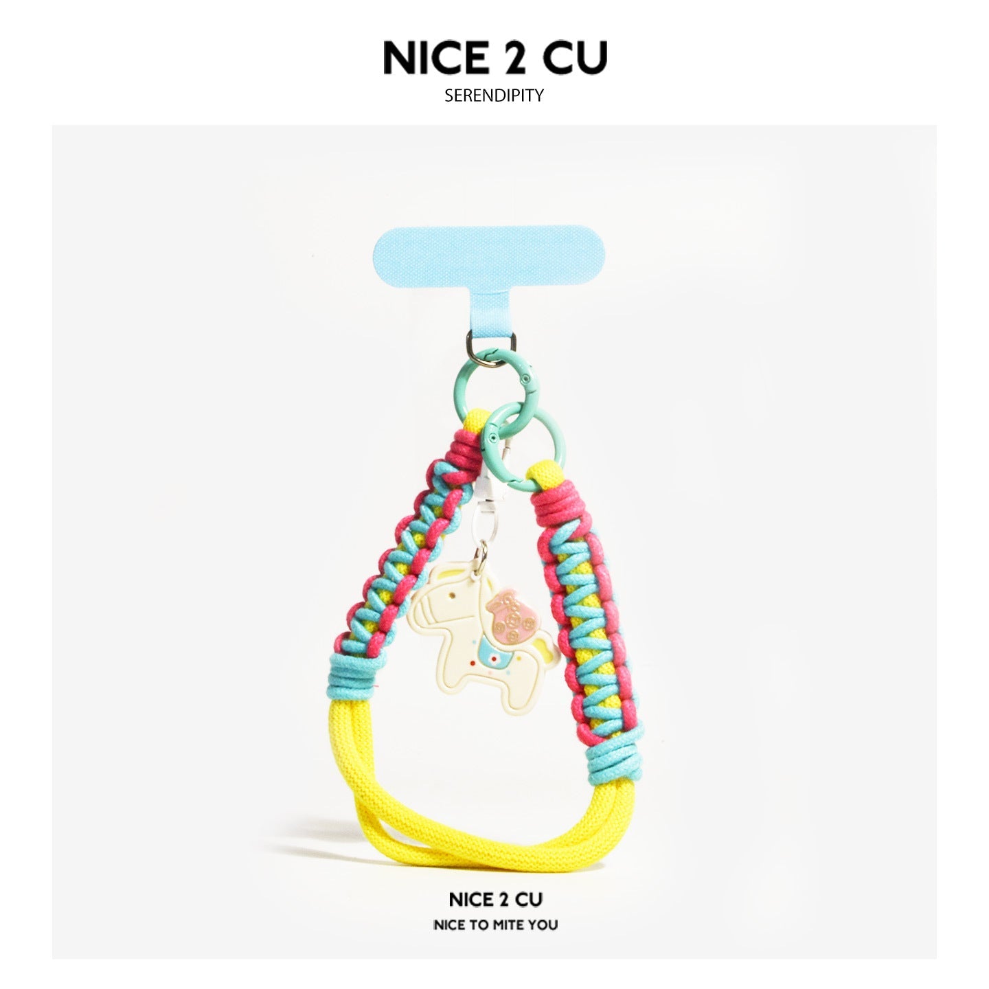 Pastel phone wrist strap in light blue and yellow with multicolor braiding and white horse charm