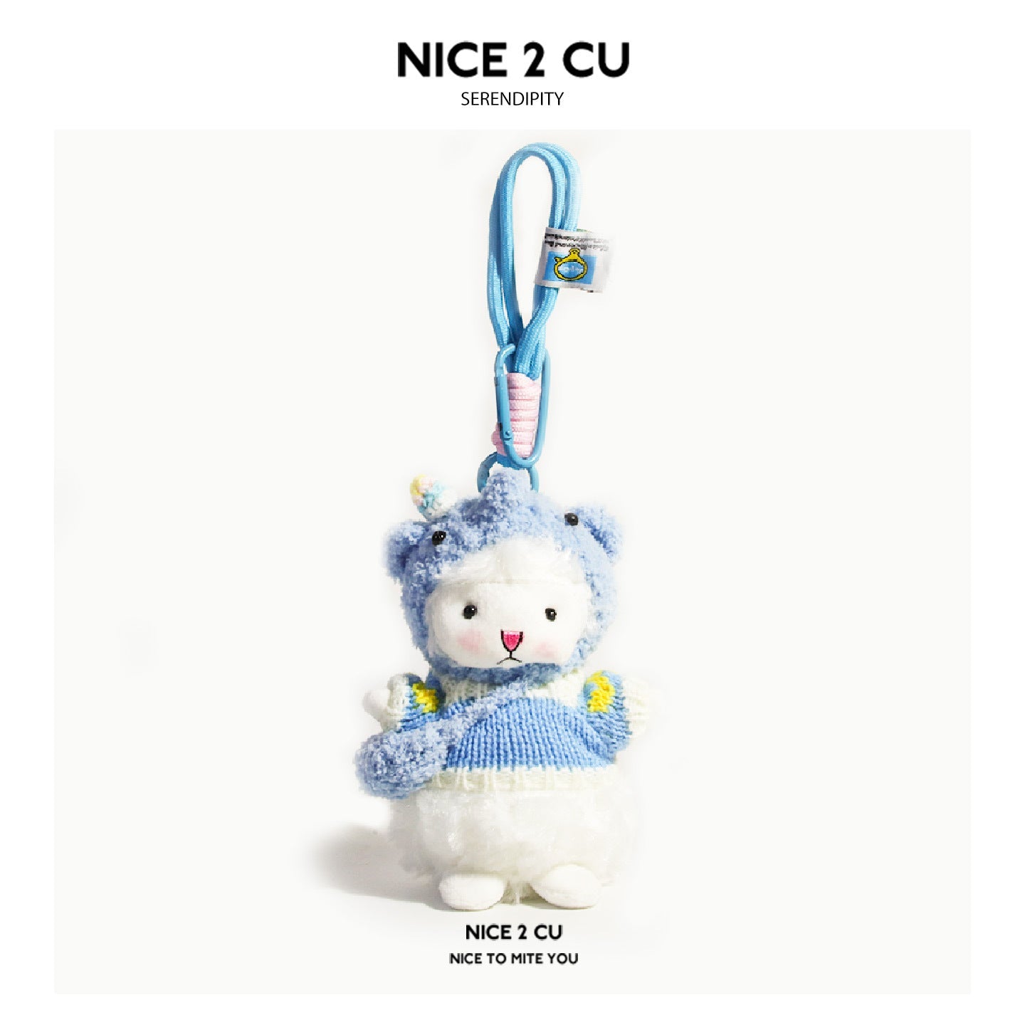White lamb plush keychain wearing a light blue elephant costume hood and blue knitted sweater with yellow accents