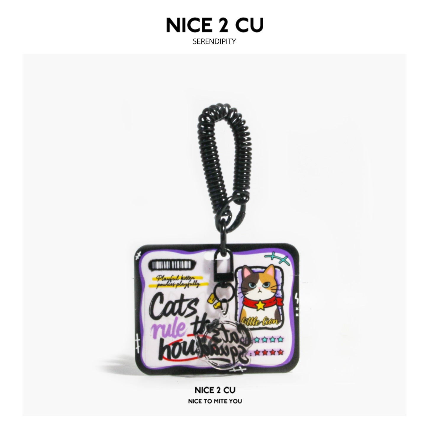 Calico cat card holder with purple-accented white front panel and black coil wrist strap
