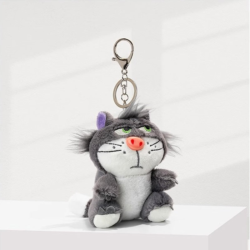 Bare grey cat plush figure with green eyes, pink nose, and black clip hanging loop, no outfit