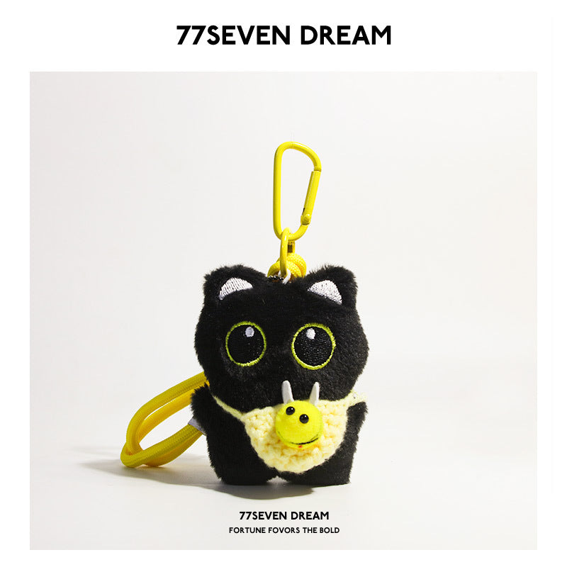 Black cat plush charm with yellow crocheted bee-front panel and small yellow bee motif, yellow carabiner