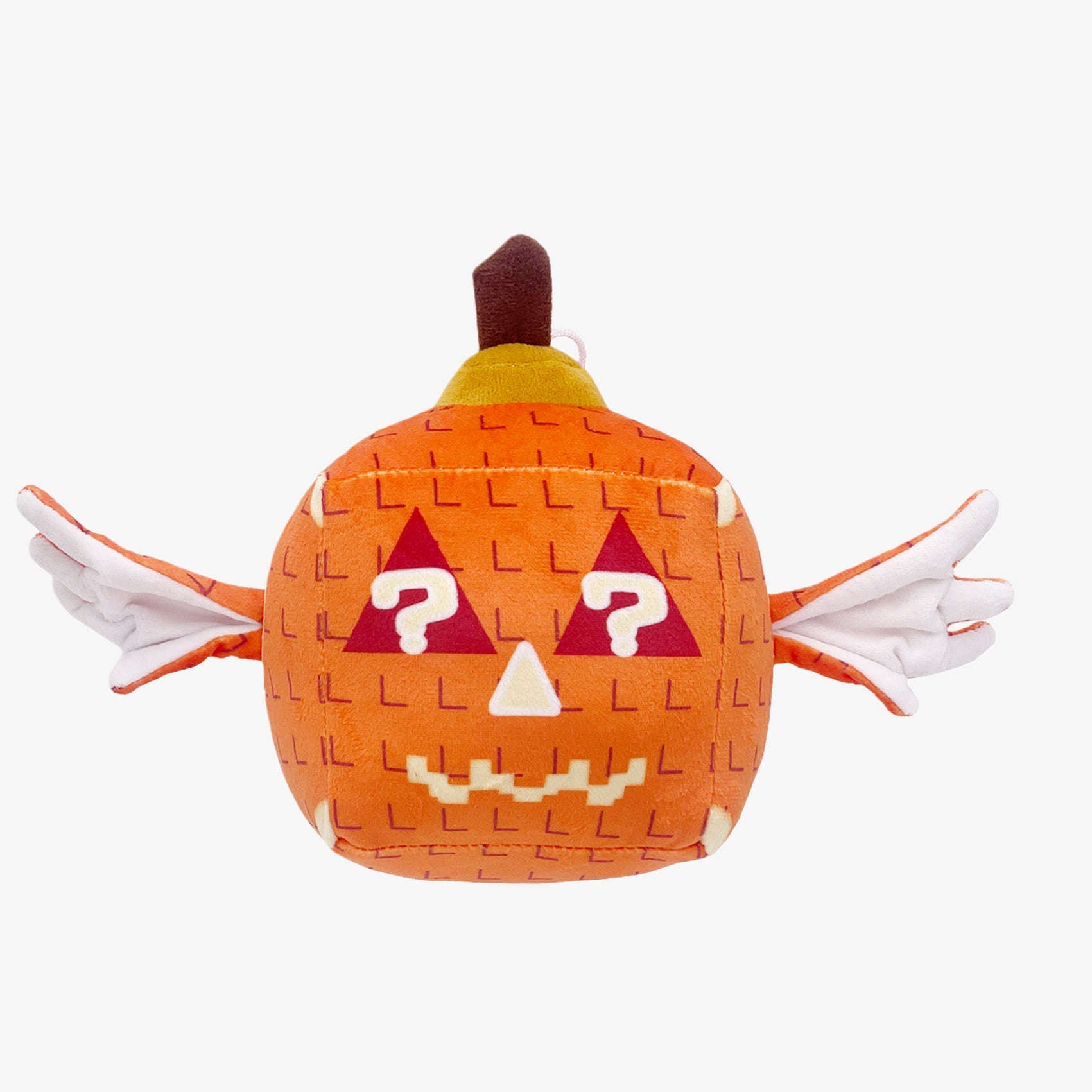 The Steal a Brainrot Inspired Pumpkin Angel Cube Plush Toy is a 7.1-inch orange square doll with question mark eyes, wings, and stitched smile—a unique Halloween collectible for plush fans.