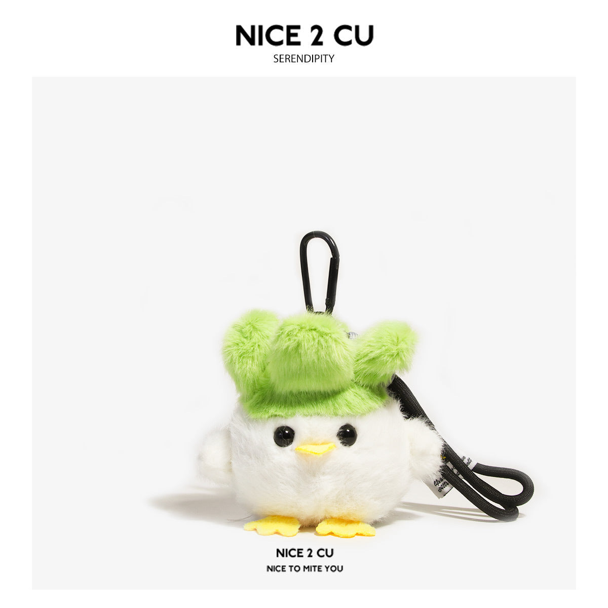 White fluffy plush chick keychain charm with green hat and black cord clip attachment