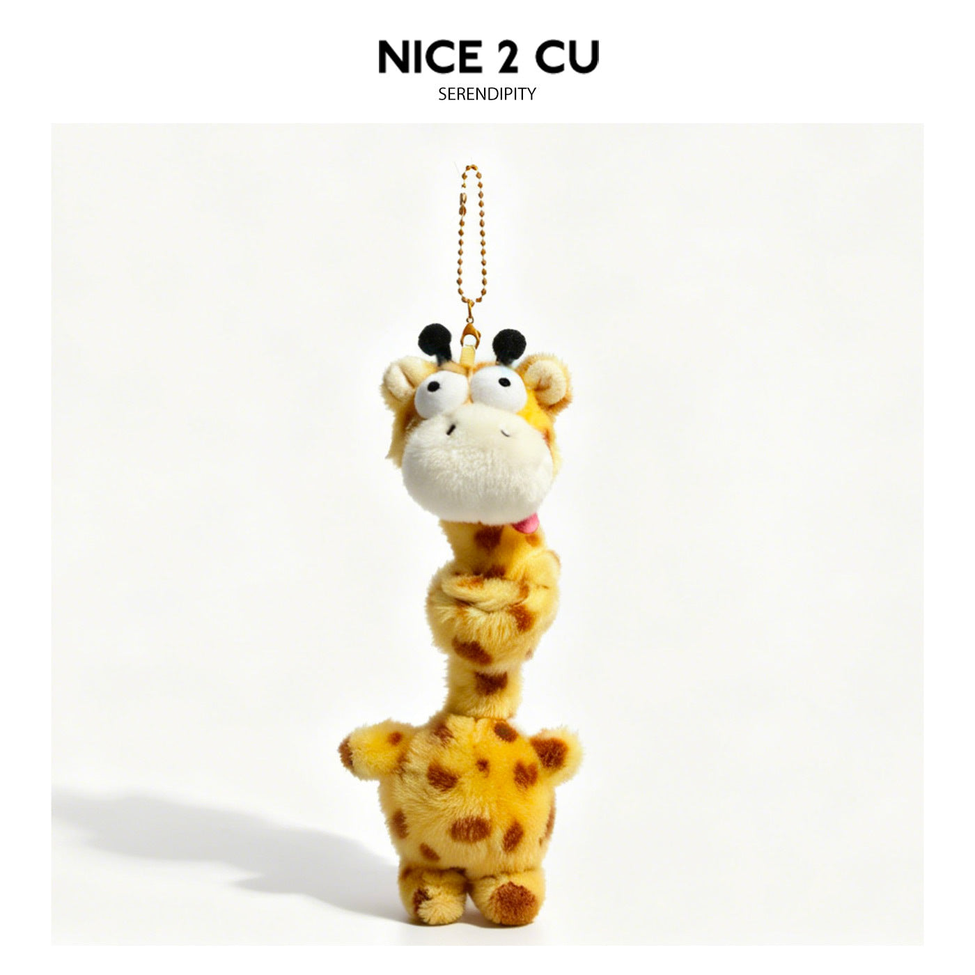 Yellow and brown spotted giraffe plush keychain charm with long neck and pink tongue detail
