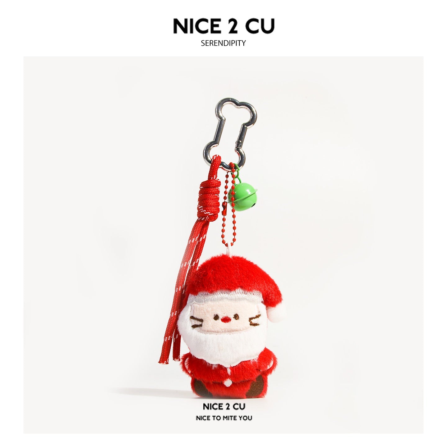 Santa Claus plush keychain charm with red suit, white beard, and brown boots on green cord