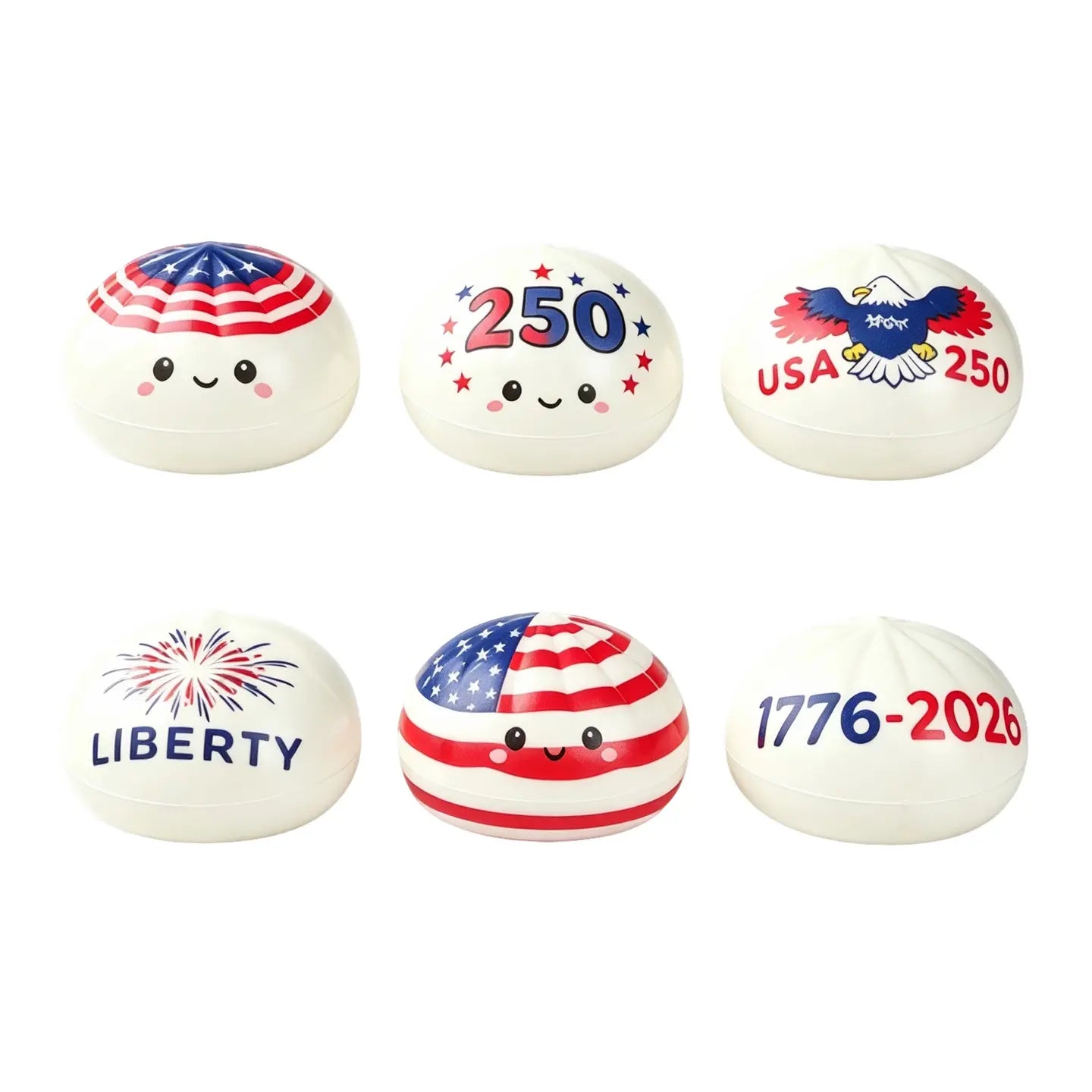 Celebrate the USA 250th with ZoDoll’s Liberty Dumplings 250 Edition Squishy Fidget Toy—six white patriotic buns with stars, stripes, flags, eagle, fireworks, and “USA 250,” “LIBERTY,” and “1776–2026” designs in a steamer.