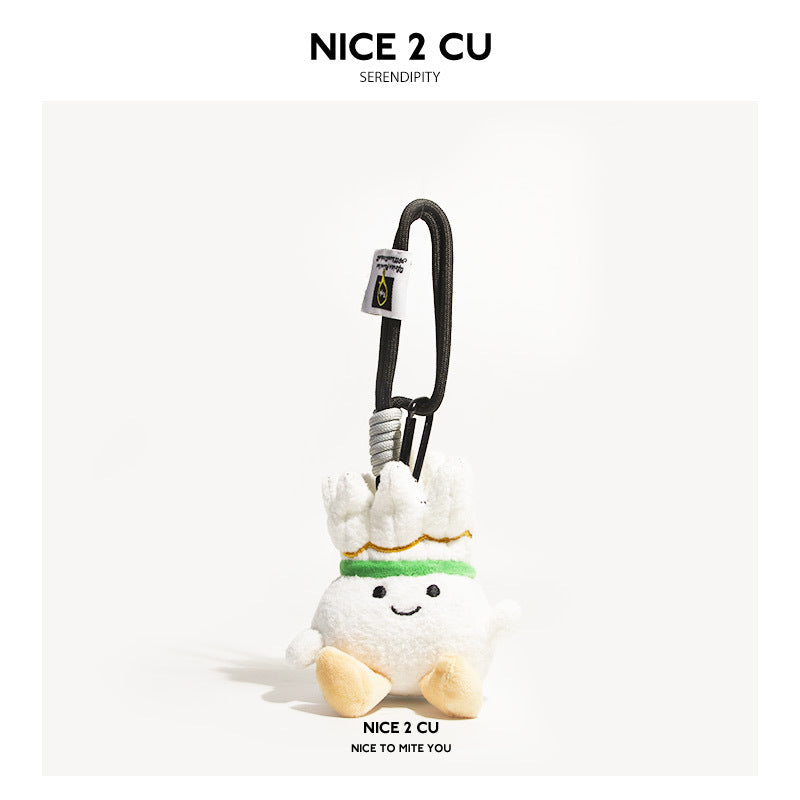 Kawaii badminton shuttlecock plush charm with black clip loop, smiling embroidered face, and green gold band