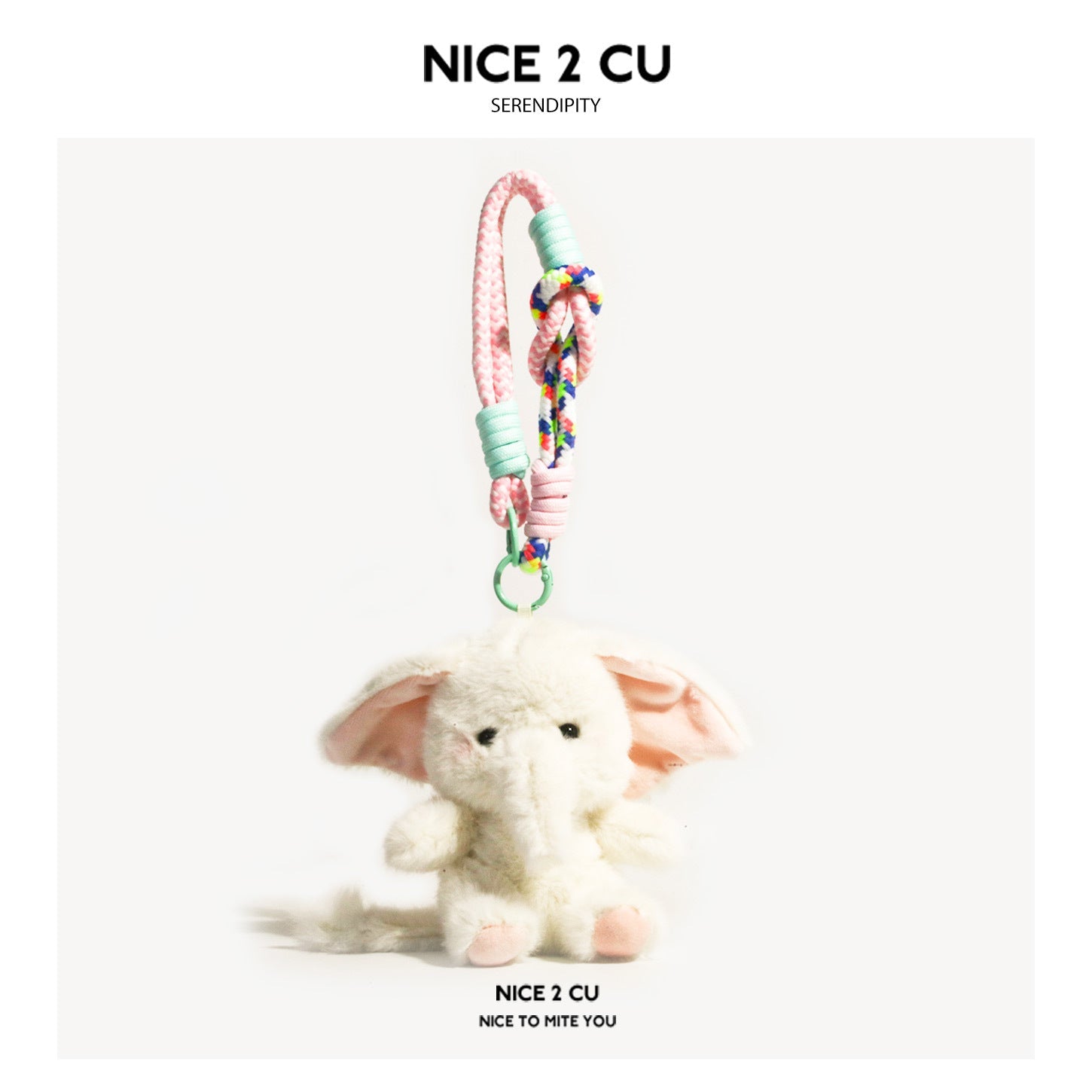 White plush elephant charm without bib suspended from a pastel pink and mint braided wrist strap