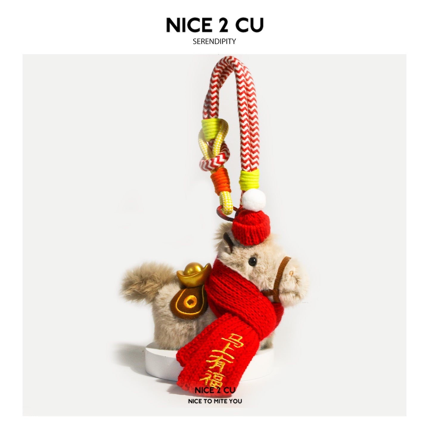 Light brown plush horse ornament with red scarf and gold ingot – blessing wrist strap variant