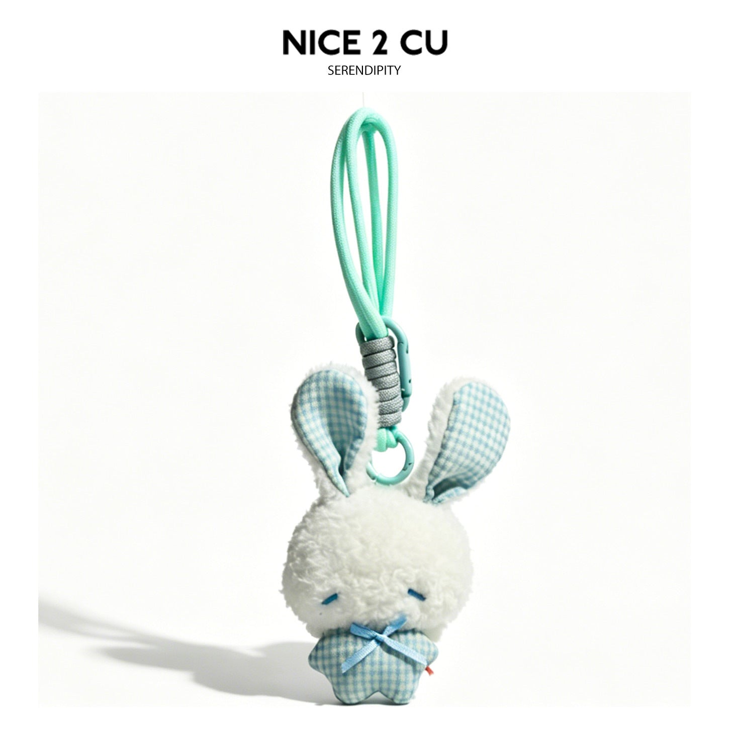 White plush bunny charm with light blue gingham ears and matching clip