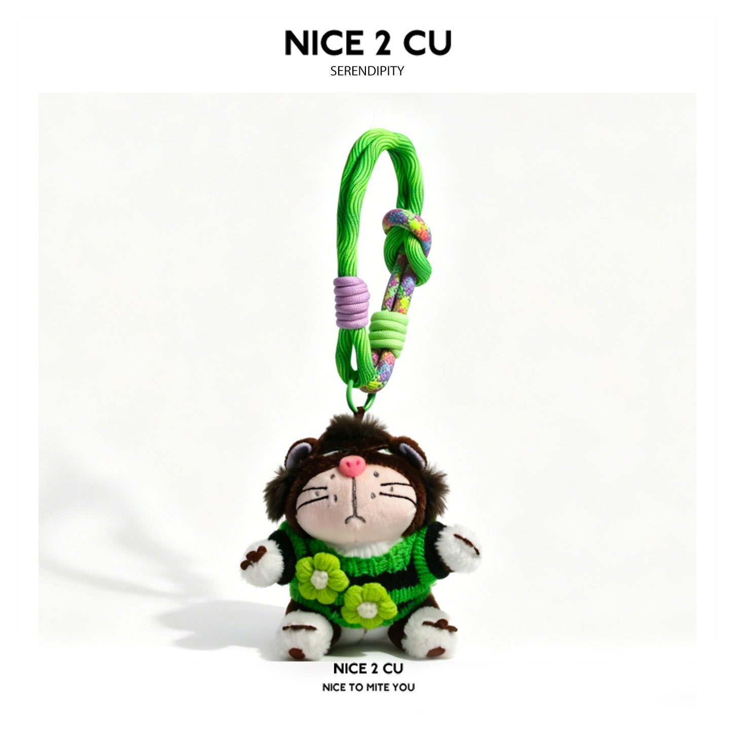Brown cat plush charm in bright green striped outfit with lime flower decorations and multicolor cord loop