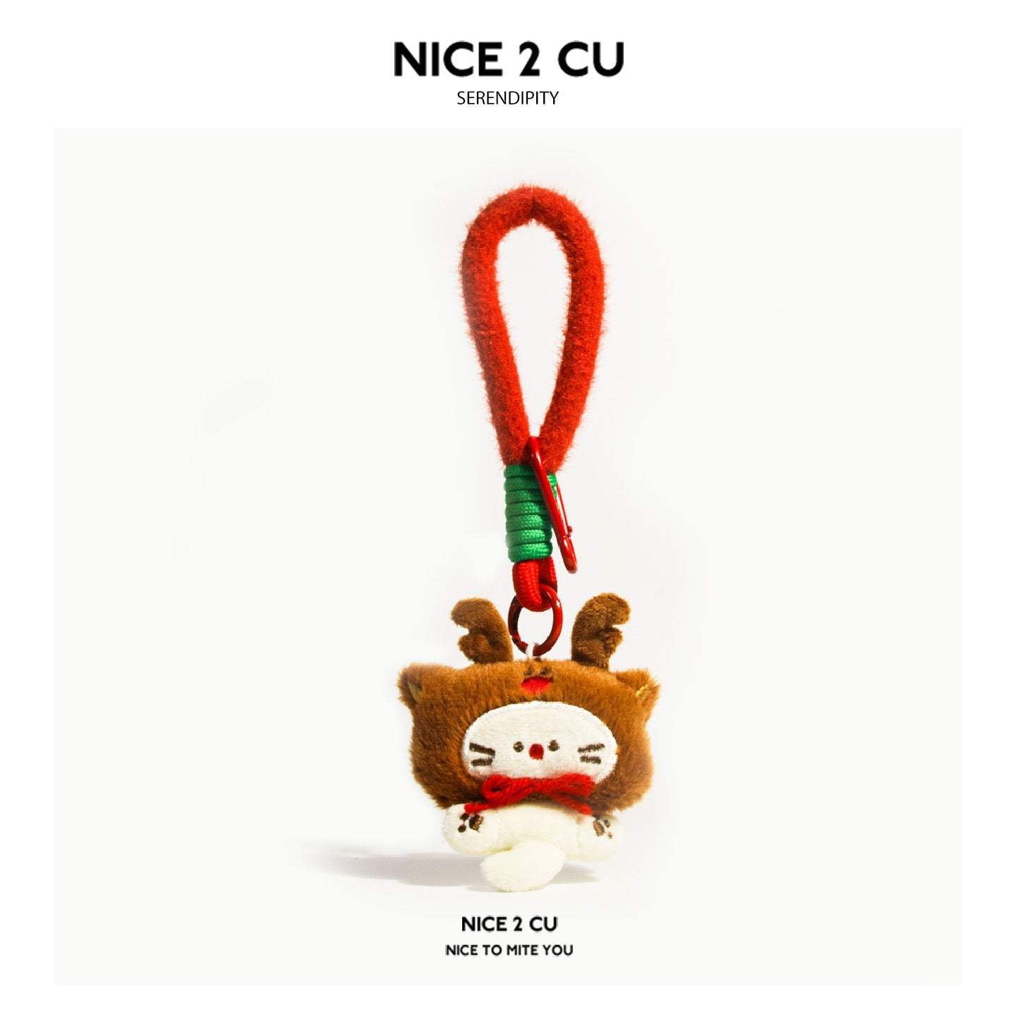 Reindeer cat plush charm with brown fur, antlers, and red scarf on a red chenille clip loop