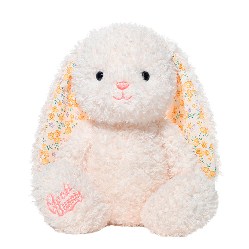 The JOOKI 38cm White Bunny Plush Toy features floral-patterned ears, black eyes, a pink nose, and an embroidered paw—a charming stuffed rabbit that's the perfect Easter gift.