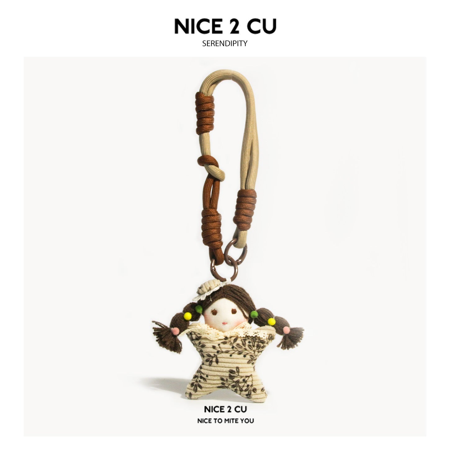 Star girl plush doll charm with small hat, dark brown pigtails with bead accents, cream floral body, and beige braided cord l