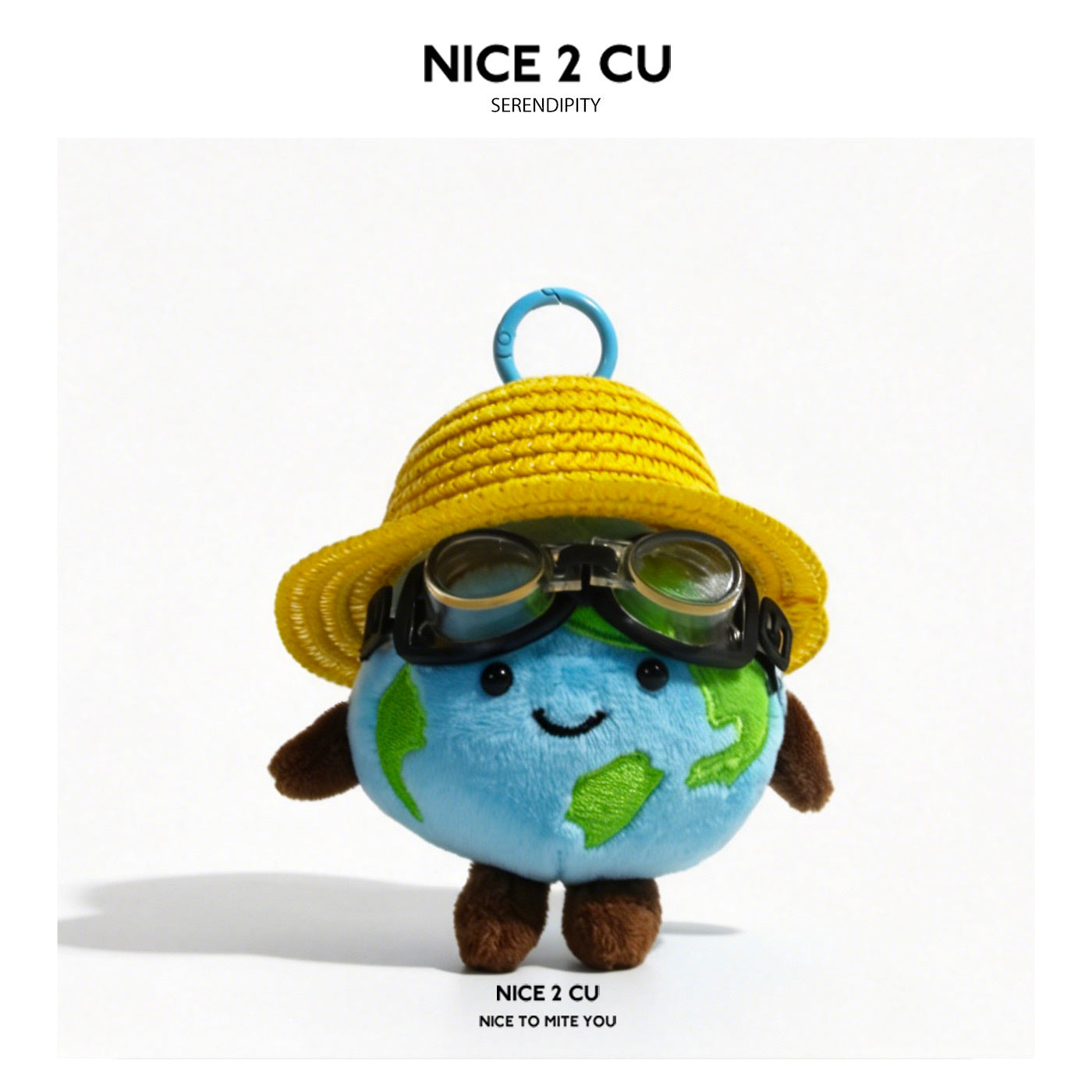Kawaii Earth globe plush charm wearing aviator-style goggles and a yellow woven hat