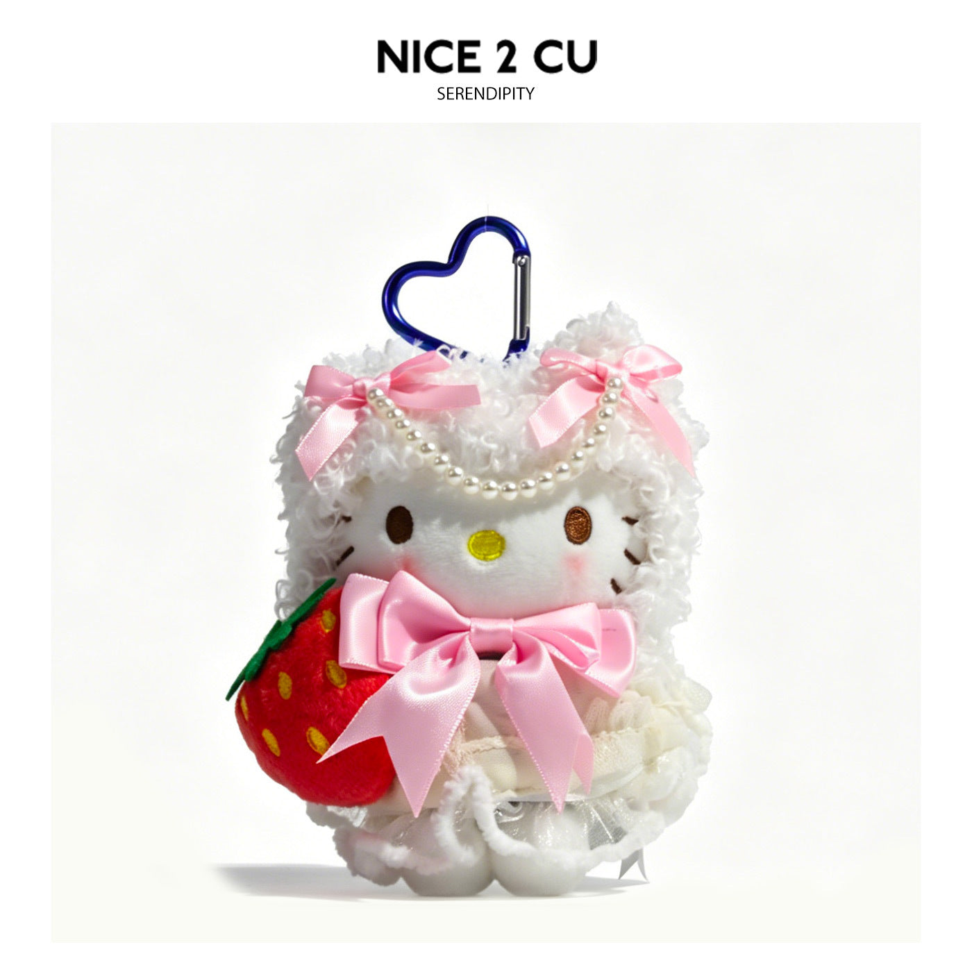 Kawaii cat plush charm with white curly fluffy hood and large red strawberry accent